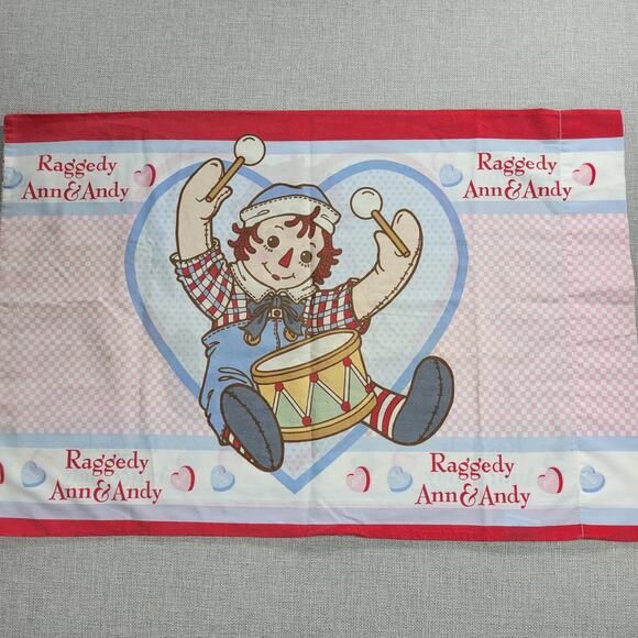 Vintage Raggedy Ann & Andy Pillowcase 29x20 Fabric Panel Red Hearts Gingham - Picture 5 of 9